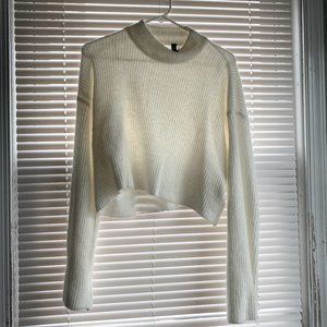 Cropped Long Sleeve Sweater - white, cream, H&M